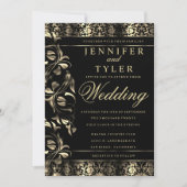 Schwarz-Gold-Floral-Damask Einladung (Vorderseite)
