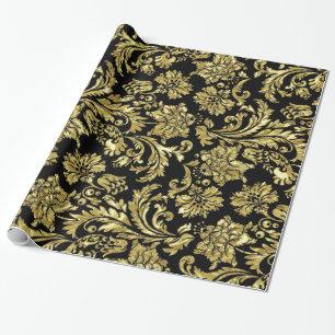 Schwarz-Gold-Floral-Damaskus Geschenkpapier