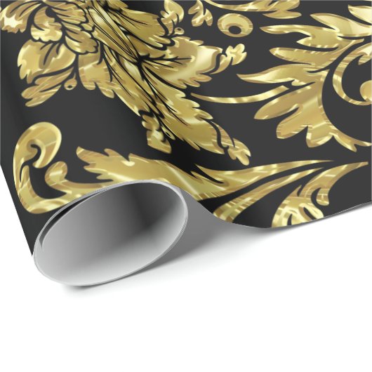 Schwarz-Gold-Floral-Damaskus Geschenkpapier (Rolleneckpunkt)