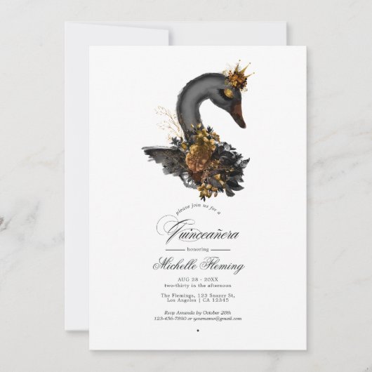 Schwarz-Gold-Floral Swan Quinceañera Foto Einladung (Vorderseite)