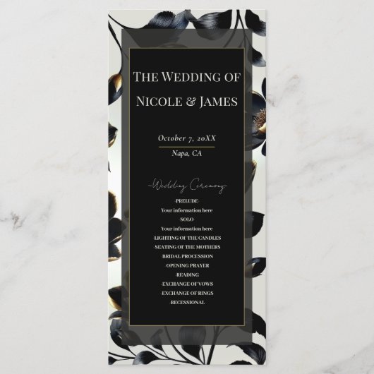 Schwarz & Gold Florales Greige Hochzeitsprogramm Programm (Vorderseite)