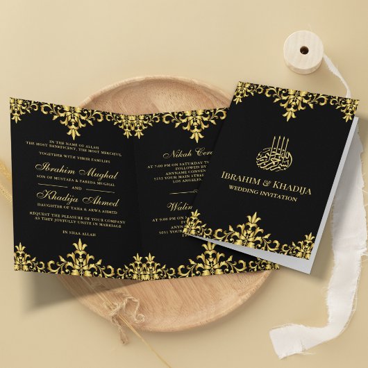 Schwarz-Gold-Foil-Damask Islamische Hochzeit Einladung