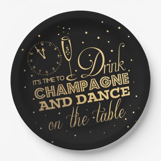 Schwarz/Gold-Foil-Silvester Pappteller (Vorderseite)