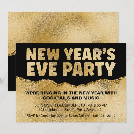 Schwarz-Gold-Foil-Textur Neujahr Party Einladung (Vorne/Hinten)