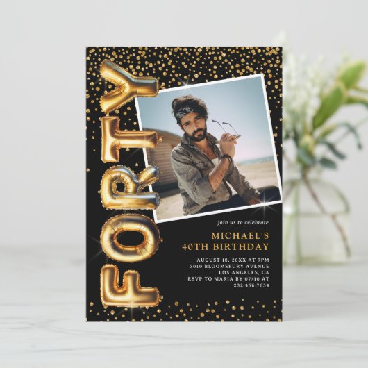 Schwarz-Gold-Foto 40. Geburtstag Einladung (Stehend Vorderseite)