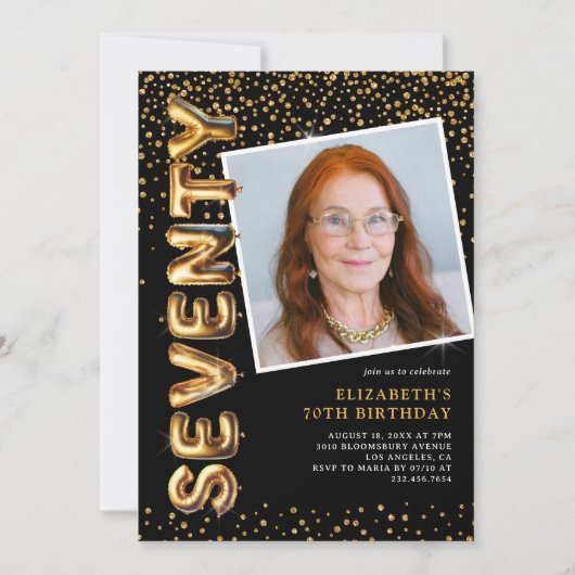 Schwarz-Gold-Foto 70. Geburtstag Einladung (Vorderseite)