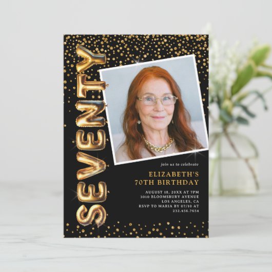 Schwarz-Gold-Foto 70. Geburtstag Einladung (Stehend Vorderseite)