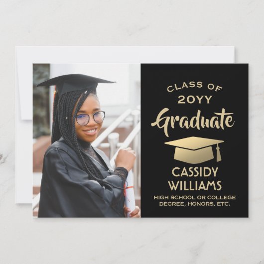 Schwarz-Gold-Foto der Klasse - Moderner Abschluss Einladung (Vorderseite)