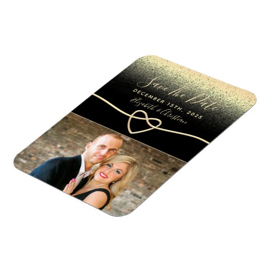 Schwarz-Gold-Foto-Hochzeit spart das Datum Magnet (Linke Seite)