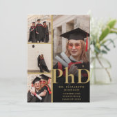 Schwarz-Gold-Fotocollage PhD Graduation Party Einladung (Stehend Vorderseite)