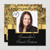 Schwarz-Gold-Fotovorlage 16 . Geburtstag Einladung (Vorne/Hinten)