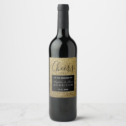 Schwarz-Gold-Gastgeschenk Hochzeit Weinetikett (Vorderseite)