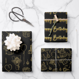 Schwarz/Gold Geburtstagsmuster Geschenkpapier Set
