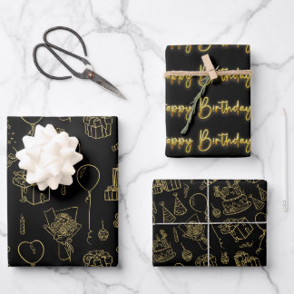 Schwarz/Gold Geburtstagsmuster Geschenkpapier Set