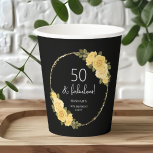 Schwarz   Gold & Gelbe Blüte 50. Geburtstag Pappbecher