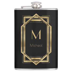 Schwarz-gold geometrisch   Monogramm & Name  Flachmann
