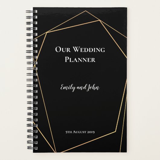 Schwarz-Gold Geometrische Linien Hochzeit Planer (Vorderseite)