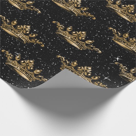 Schwarz-Gold-Glam-Kronen-Muster Geschenkpapier (Ecke)