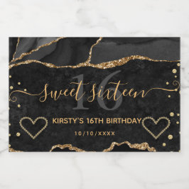 Schwarz-Gold-Glitzer-Agate-Marmor-Süße 16 Schaumweinetikett