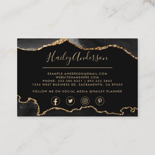 Schwarz-Gold-Glitzer-Aquarell Visitenkarte (Rückseite)