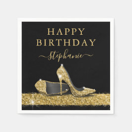 Schwarz-Gold-Glitzer High Heels Geburtstag Serviette