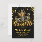 Schwarz-Gold Glitzer Masquerade Maske Sweet 16 Einladung (Vorderseite)