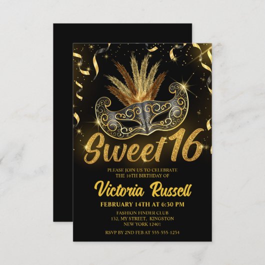 Schwarz-Gold Glitzer Masquerade Maske Sweet 16 Einladung (Vorne/Hinten)