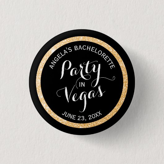 Schwarz-Gold-Glitzer-Party in Vegas Custom Button (Vorderseite)