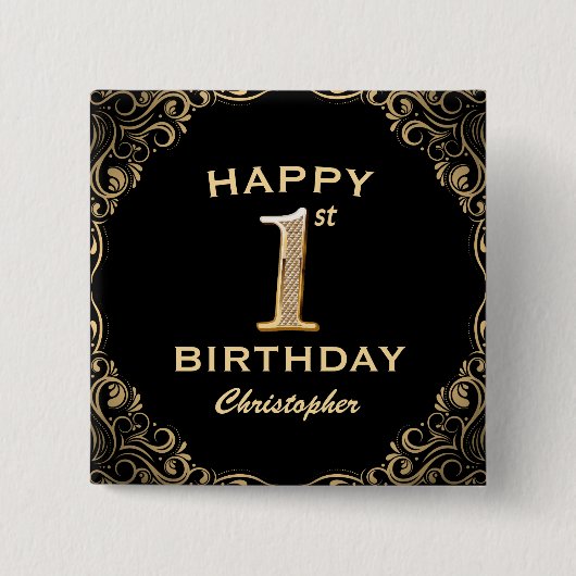 Schwarz-Gold-Glitzer-Rahmen für das 1. Party Button (Vorderseite)