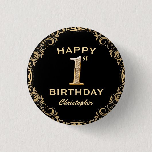 Schwarz-Gold-Glitzer-Rahmen für das 1. Party Button (Vorderseite)