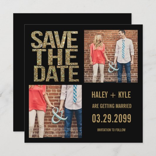 Schwarz & Gold Glitzer Save the Date Foto-Karten (Vorne/Hinten)