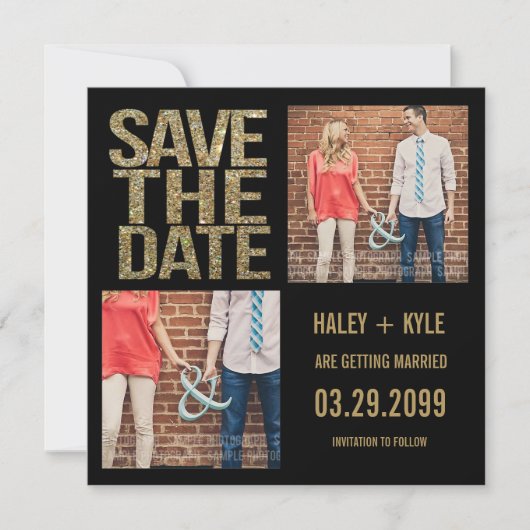 Schwarz & Gold Glitzer Save the Date Foto-Karten (Vorderseite)