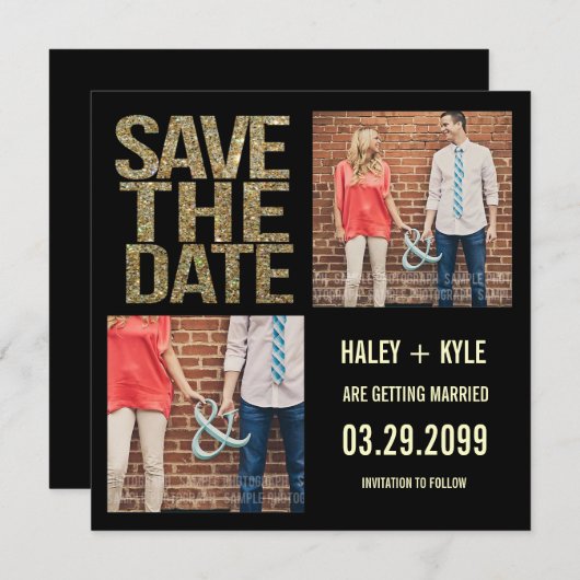 Schwarz & Gold Glitzer Save the Date Foto-Karten Einladung (Vorne/Hinten)