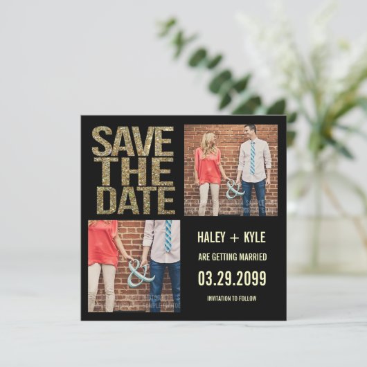 Schwarz & Gold Glitzer Save the Date Foto-Karten Einladung (Stehend Vorderseite)