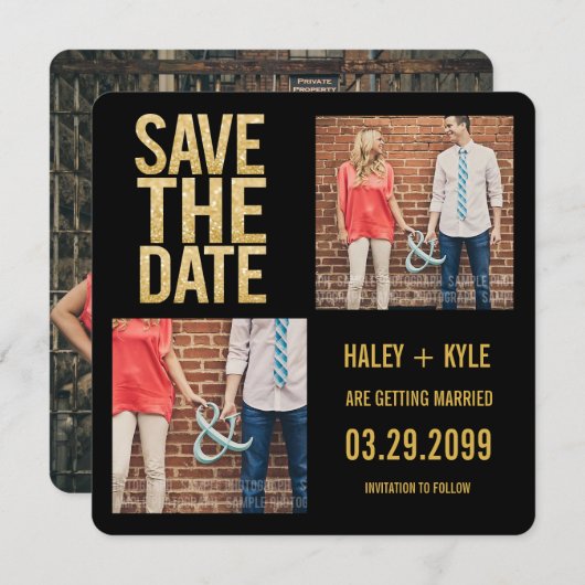 Schwarz & Gold Glitzer Save the Date Foto-Karten Einladung (Vorne/Hinten)