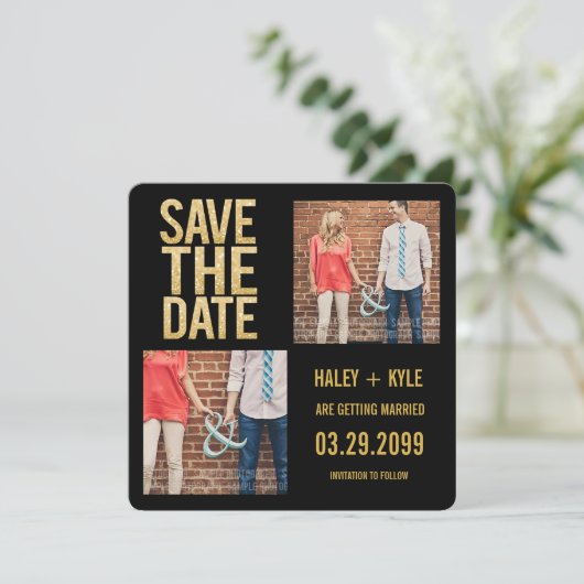Schwarz & Gold Glitzer Save the Date Foto-Karten Einladung (Stehend Vorderseite)