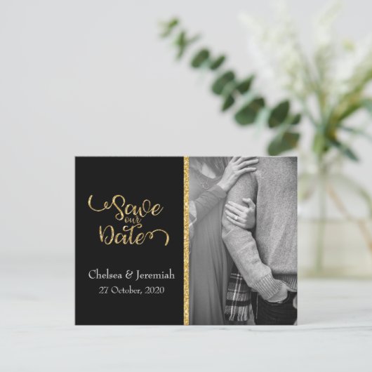 Schwarz-Gold-Glitzer Save the Date Postkarte (Stehend Vorderseite)
