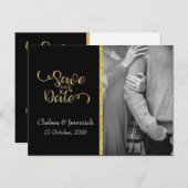 Schwarz-Gold-Glitzer Save the Date Postkarte (Vorne/Hinten)
