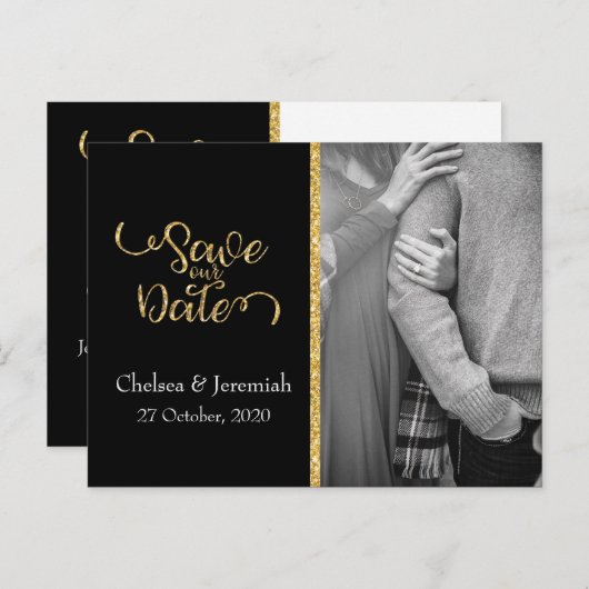Schwarz-Gold-Glitzer Save the Date Postkarte (Vorne/Hinten)