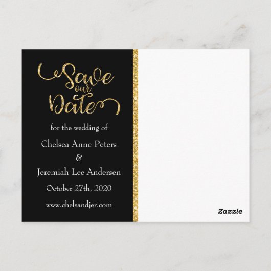 Schwarz-Gold-Glitzer Save the Date Postkarte (Rückseite)