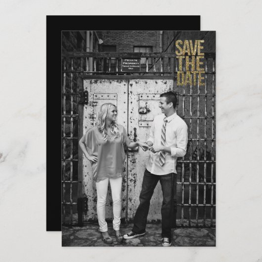 Schwarz-Gold-Glitzer Save the Date Typografie (Vorne/Hinten)