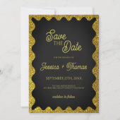 Schwarz-Gold-Glitzer: Wavy Retro Save the Date Einladung (Vorderseite)