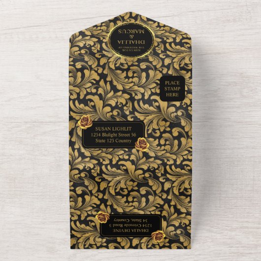 Schwarz-Gold-Goth-Muster All In One Einladung (Außenbereich)