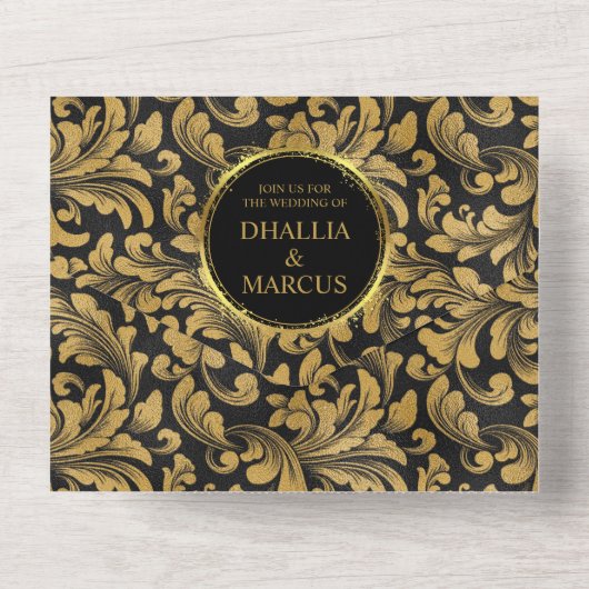 Schwarz-Gold-Goth-Muster All In One Einladung (Rückseite)