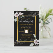 Schwarz-Gold-Gothic Dusty Weiße Blume Aquarell Einladung (Stehend Vorderseite)