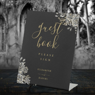 Schwarz-Gold-Gothic-Rose - BlumenGästebuch Sockelschild