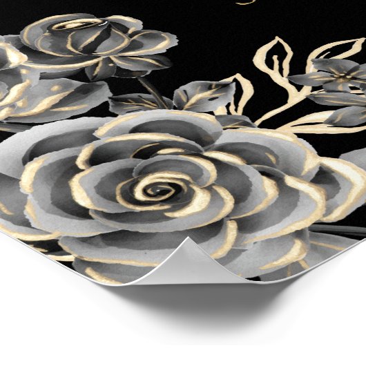Schwarz-Gold-Gothic-Rose Blumenzettel Poster (Ecke)
