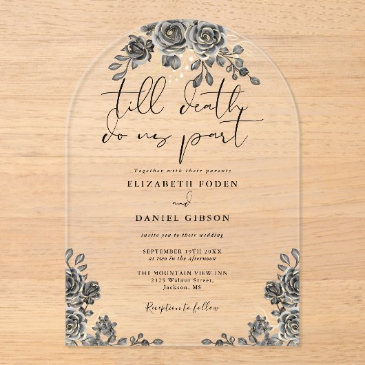 Schwarz-Gold-Gothic-Rose Hochzeit mit Blumenmuster Acryleinladungen (Vorderseite)