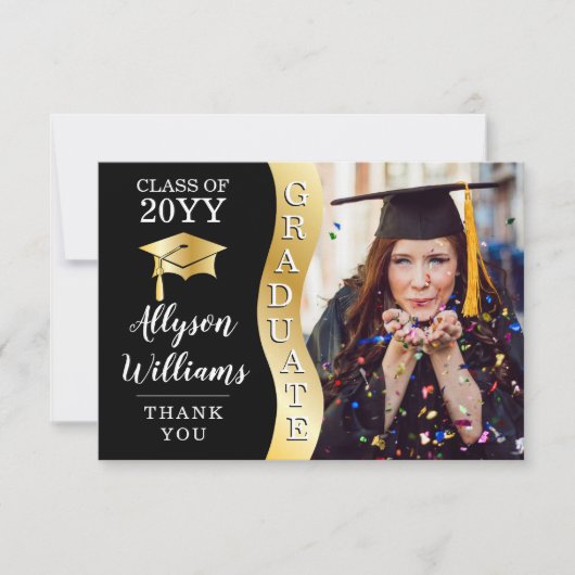 Schwarz | Gold Graduate Wave Grad Cap Foto Dankeskarte (Vorderseite)