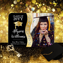 Schwarz | Gold Graduate Wave Grad Cap Foto Magnet